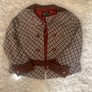 VINTAGE 60s 70s Brown White Plaid Blazer